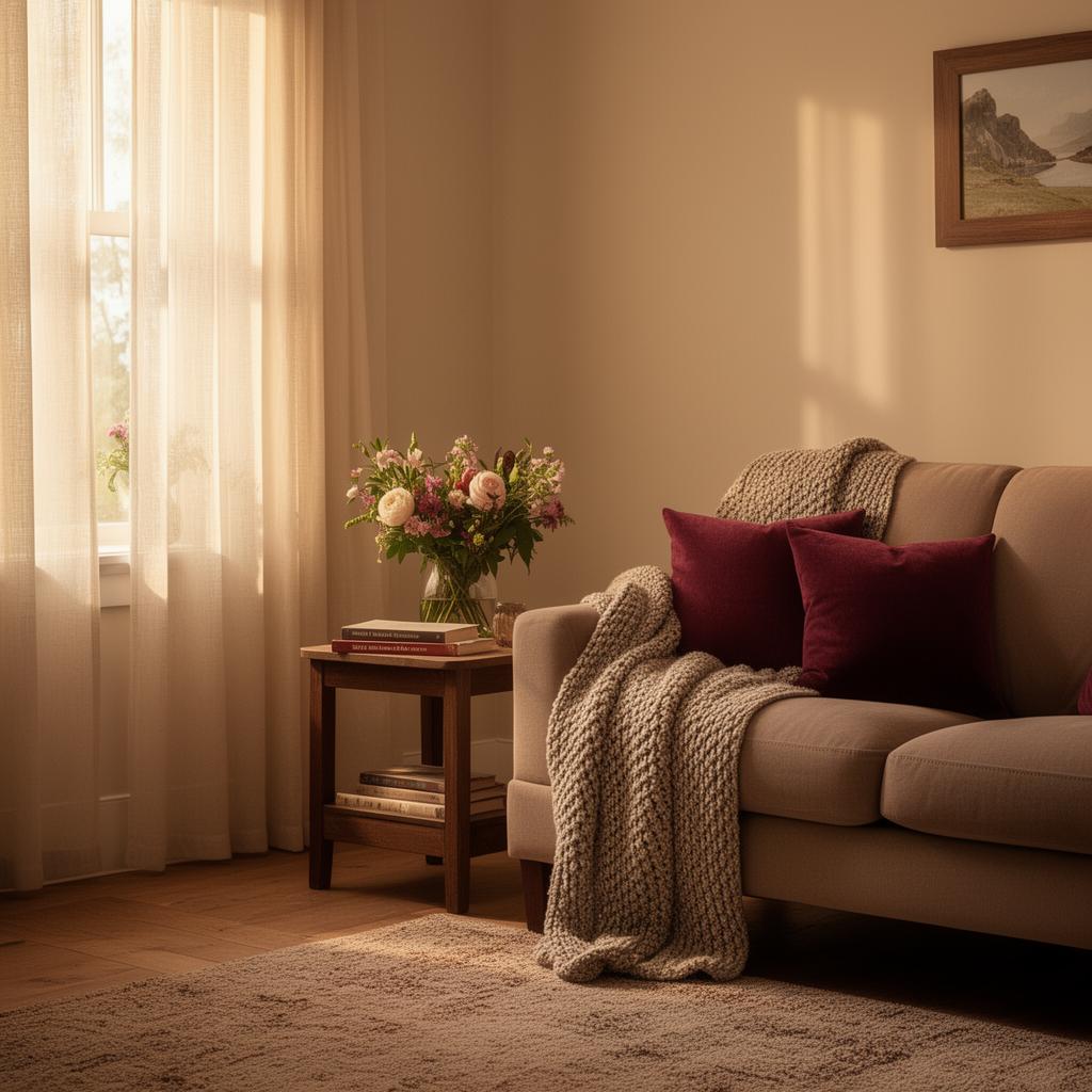 A warm, sunlit living room with soft textures and fresh flowers