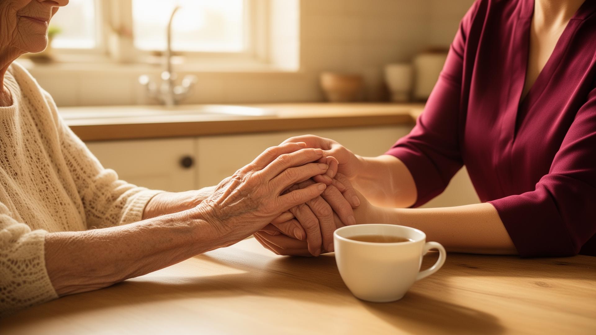 A caregiver gently holding the hands of an elderly client at a sunlit kitchen table